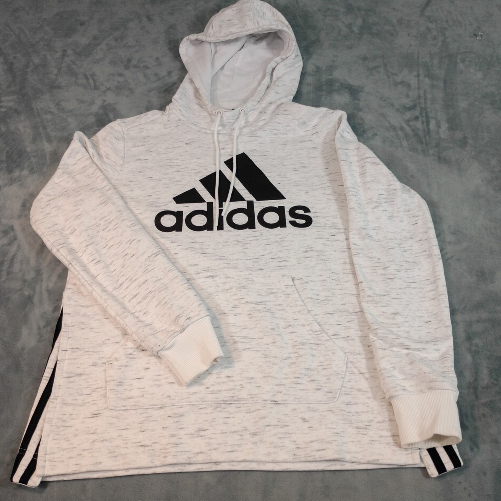 Adidas Womens Space Dye Heathered Hoodie White Black Logo Side Slit Small
